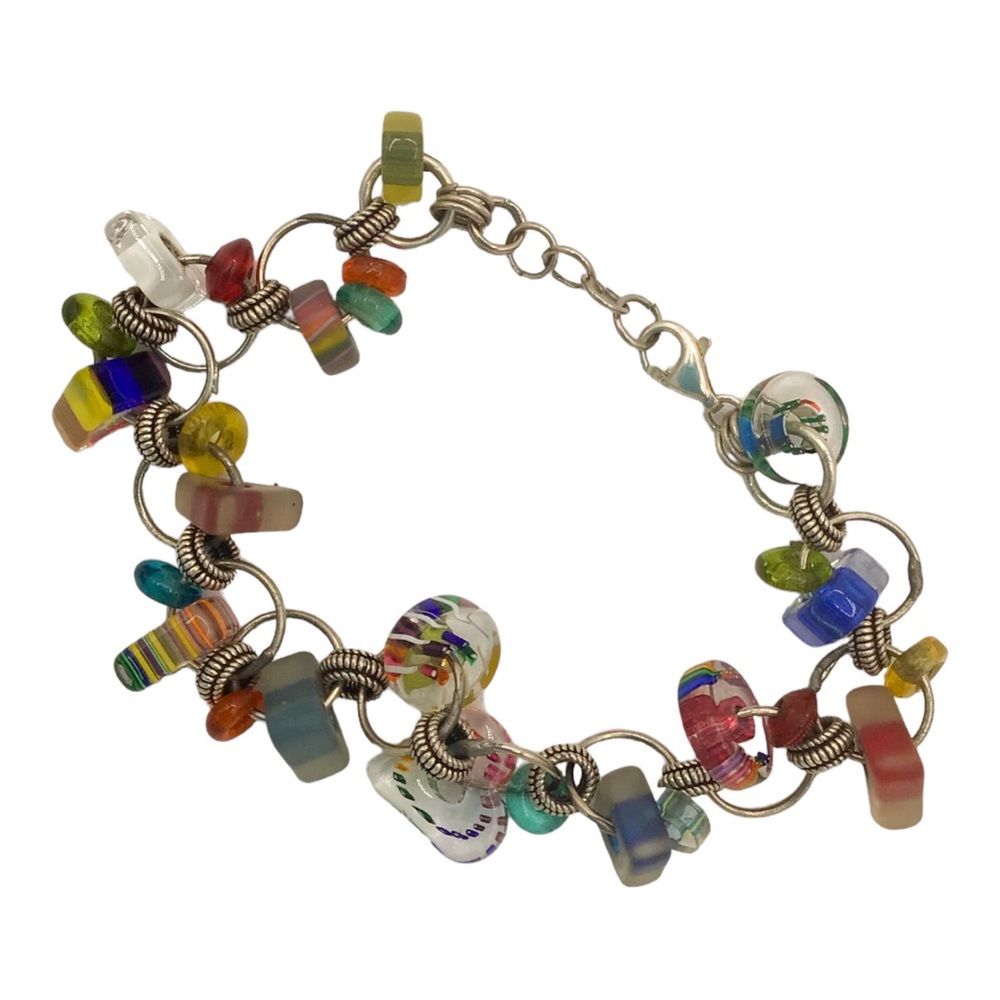 Multi Color Resin Rainbow Hearts & Squares Silver Tone Charm Bracelet 8”